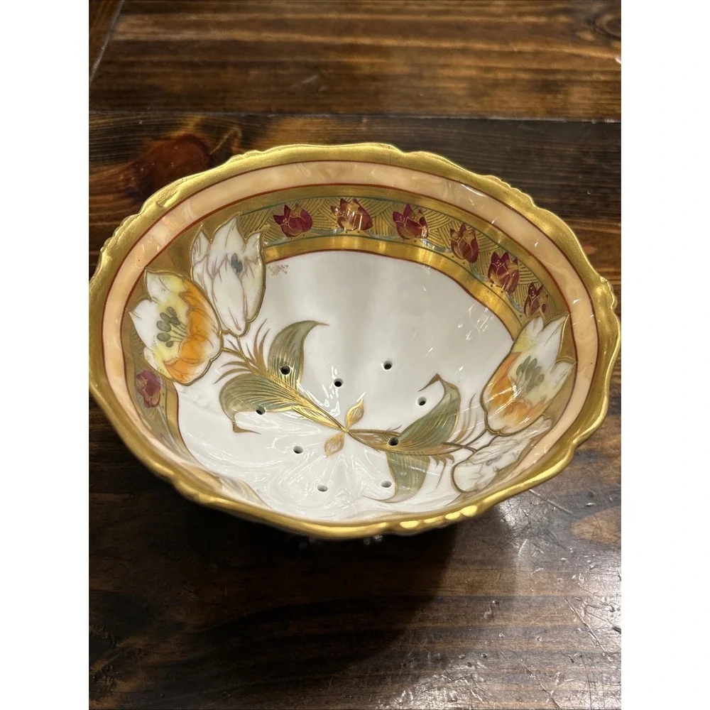 Antique T&V Limoges France Pickard Hand Painted‎ Berry Bowl Strainer Gold Gilt